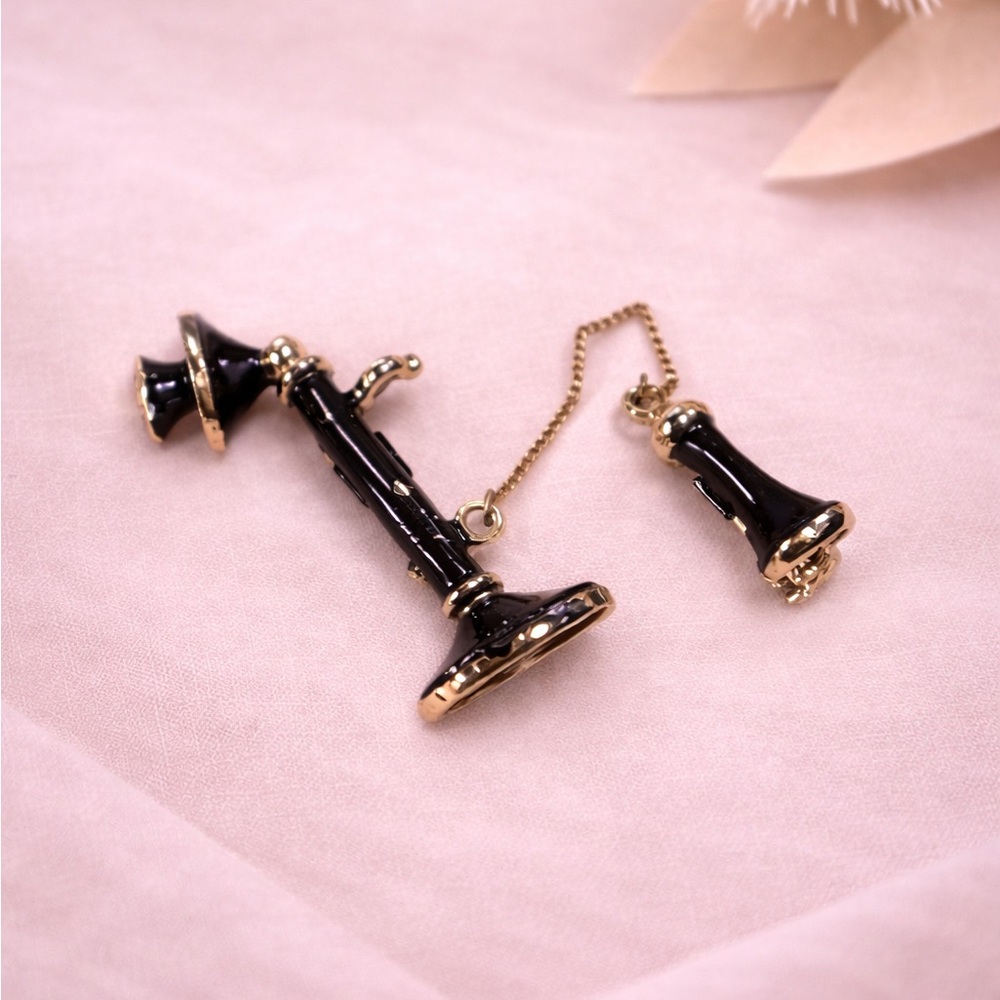 Vintage Telephone Sweater Guard Brooch Set Black Enamel Candlestick Phone